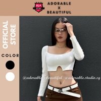 [Ảnh Thật] Áo Thun Gân Tay Dài Cổ Vuông Trắng Đen, Áo Croptop Dài Tay Khoe Eo Ulzzang Trendy [AdorablexBeautiful]