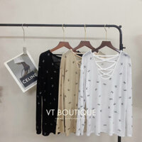[Ảnh thật] Áo thun giấy gạo dài tay form thụng giấu quần cổ tròn DÂY ĐAN LƯNG nữ họa tiết nơ freesize 3 màu hottrend