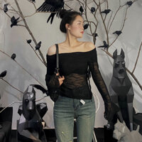 [Ảnh thật] Áo trễ vai dài tay ren màu đen tay xòe cho nữ Quảng Châu