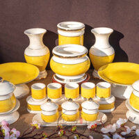 [Ảnh Thật] Bộ đồ thờ men vàng viền trắng, bộ đồ thờ phụng, đồ thờ thần tài, đồ thờ cúng gốm sứ cao cấp, Lư hương vàng