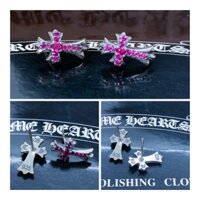 [Ảnh Thật] Bông tai Chrome Heart Cross fulldiamond hồng bạc 925 cao cấp fullbox.