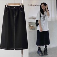 [Ảnh thật] Chân váy jean viền chỉ xẻ tà sau - Chân váy bò cạp chun dập chỉ nổi dáng dài