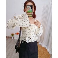 [Ảnh thật+Clip] Áo Sơ Mi Nữ Hoa Nhí Viền Bèo Nhún Cổ Vuông Dáng Croptop Tay Chun Bồng Loe Chất Đũi Tơ Mềm - Hanju