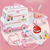 (Ảnh thật + clip) Bộ đồ chơi xe cứu thương 30 chi tiết màu hồng cho bé