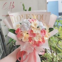 [Ảnh thật - Có sẵn] Quà tặng bó hoa 4 bông hồng và 18 hoa lưu ly bằng len handmade