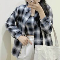 ẢNH THẬT  Combo Set Áo Khoác Sơ Mi Caro Unisex Kèm Áo Ống Nữ - Chất Vải Kate Cao Cấp Chuẩn Shop - free size - kẻ xám