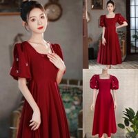 [Ảnh thật cuối] Đầm dự tiệc xoè cổ vuông tay phồng đính ngọc