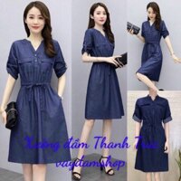 [Ảnh thật cuối] Đầm jean denim xoè rút dây