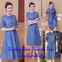 [Ảnh thật cuối] Đầm jean denim cotton xoè rút eo