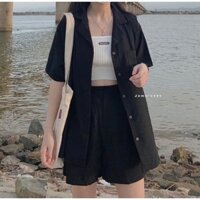 [Ảnh thật cuối]Set váy cổ vest 3 món áo khoác đũi, áo 2 dây trắng phối quần sooc cực xinh.
