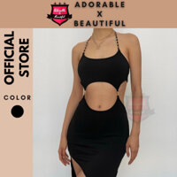[Ảnh Thật] Đầm 2 Dây Cut Out Thun Sexy Xẻ Đùi, Đầm Đen Hai Dây Dự Tiệc Body Co Giãn Dây Xích [AdorablexBeautiful]
