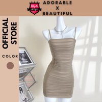 [Ảnh Thật] Đầm 2 Dây Nhún Thun Lưới Ôm Body Tôn Dáng, Đầm Body Ôm Ngắn Nude Cổ Vuông Co Giãn [AdorablexBeautiful]