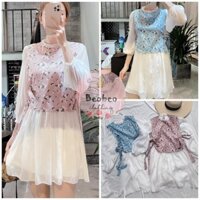 [Ảnh thật] Đầm babydoll cổ bèo phối gile hoa nhí cột nơ eo vintage