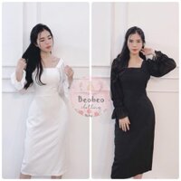 [Ảnh thật] Đầm cổ vuông phối tay voan 2 màu tiểu thư