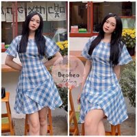 [Ảnh thật] Đầm đuôi cá caro xanh tay cánh tiên thắt nơ vintage