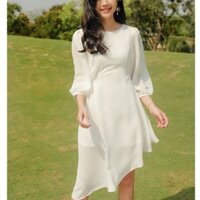 [Ảnh thật] Đầm lụa trắng tà xéo eo đính ngọc duyên dáng