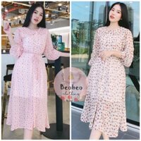 [Ảnh thật] Đầm midi voan hoa nhí cổ sen phối nút dây nơ tiểu thư