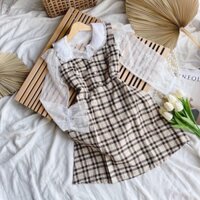 [Ảnh thật] ĐẦM NGƯỜI LỚN set đầm yếm caro phối áo ren tiểu thư siêu sang chảnh