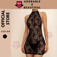 [Ảnh Thật] Đầm Sát Nách Cổ Yếm Xuyên Tháu Ren Bikini Sexy,  Đầm Body Hở Lưng Cột Cổ Hoa Nhí Đen [AdorablexBeautiful]