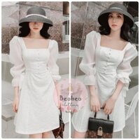 [Ảnh thật] Đầm trắng nút bọc cổ u phối tay voan tiểu thư