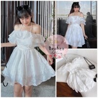 [Ảnh thật] Đầm trắng xoè viền bèo trễ vai cổ yếm dễ thương