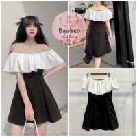 [Ảnh thật] Đầm trễ vai đen phối bèo trắng dễ thương