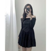 [Ảnh thật] Đầm trễ vai tay dài corset tôn eo dáng xòe ngắn - Váy trễ vai cúp ngực dự tiệc - immin.h