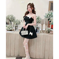 [Ảnh thật] Đầm váy dự tiệc cúp ngực đính nơ 🔥bố dạ🔥40-65KG🔥 bigsize váy đen xoè A trễ vai hở lưng đám cưới cao cấp BOBBY