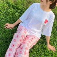 [Ảnh thật] Đồ bộ dài Pig mặc nhà cho nữ, mặc ngủ áo thun kèm quần caro kate đũi thoáng mát