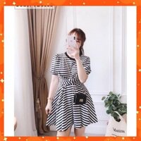 [ẢNH THẬT] ( ĐỒ NỮ ĐẸP ) ĐẦM THUN SỌC TRẮNG ĐEN XÒE XOẮN EO