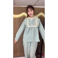[ẢNH THẬT] freesize<55kg Pijama tay dài caro chất kate thái tiểu thư phối ren dễ thương