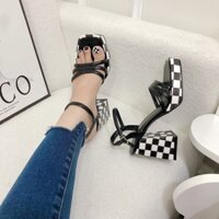 ẢNH THẬT - GIÀY CAO GÓT 10cm- SANDAL ĐẾ ĐÚP GÓT VUÔNG CARO 3 QUAI CHẮC CHÂN MAX CHẢNH