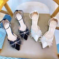 Ảnh Thật- Giày cao gót khoét eo mũi nhọn nơ đá 4 cánh gót nhọn 7cm