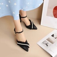 [Ảnh thật] Giày cao gót nhọn bít mũi phối ren lưới dún kết hạt châu -TT