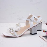 (Ảnh thật) Giày sandal nữ cao gót vuông bọc da ánh kim 5p quai bản trong kết hoa mai đính châu - SD232