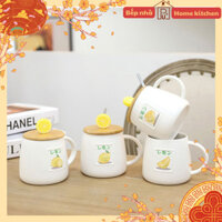 [ẢNH THẬT] LY CỐC SỨ quà tặng họa tiết chanh vàng Nhật Bản, combo kèm muỗng thìa, nắp, 400ml - CÓ SẴN