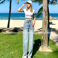 [Ảnh Thật] Quần Jean Nữ, Baggy Ống Rộng Lưng Cao Cạp Chéo