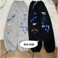 Ảnh Thật  Quần Jogger Ống Suông Rộng In Chữ, Lúng Thun Dài Ulzzang Nam Nữ Unisex - Đen - free size