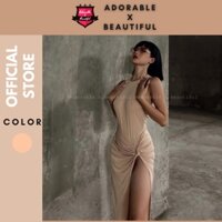 [Ảnh Thật] Set Áo Bodysuit Trơn Tay Ngắn Sát Nách + Chân Váy Dáng Dài Xẻ Đùi Màu Be Sexy Co Giãn [AdorablexBeautiful]