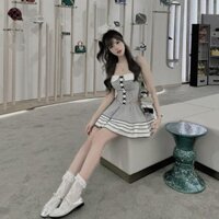 [Ảnh thật] Set Áo croptop & chân váy xoè tầng kẻ sọc váy lolita 🔥chất cotton🔥 đan dây cúp ngực 2s 2 dây khoét eo