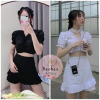 [Ảnh thật] Set áo croptop tay phồng rút ngực kèm chân váy viền bèo ulzzang