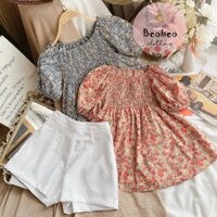 [Ảnh thật] Set áo hoa peplum nhúng chỉ kèm quần short trắng ulzzang