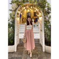 [Ảnh thật] Set áo len tăm mix chân váy thô hồng nhạt có túi hông