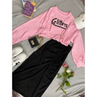 (ẢNH THẬT) SET ÁO NỈ CROPTOP + CHÂN VÁY MIDI XẺ TÀ
