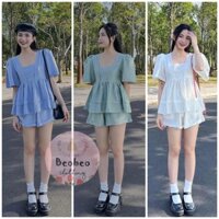 [Ảnh thật] Set áo peplum cổ vuông tay phồng kèm quần short dễ thương