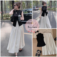 [Ảnh thật] Set áo sát nách xẻ tà kèm chân váy midi vintage