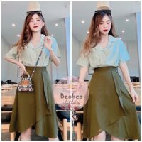[Ảnh thật] Set áo sơ mi cổ vest kèm chân váy xẻ vạt chéo ulzzang