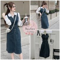 [Ảnh thật] Set áo sơ mi tay cổ sen kèm đầm yếm jean midi vintage