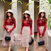 [Ảnh thật] Set áo thun đỏ tay dài kèm chân váy hoa nhí vintage