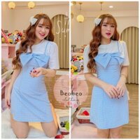 [Ảnh thật] Set áo thun kèm đầm yếm 2 dây caro xanh ulzzang